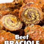 Beef Braciole cut open to show stuffing with top covered with tomato sauce in a white bowl.
