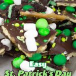 St. Patrick's Day Candy Toffee broken in pieces on a metal tray.