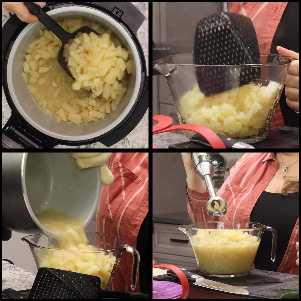 Transferring potatoes from pressure cooker pot to deep mixing bowl to blend.