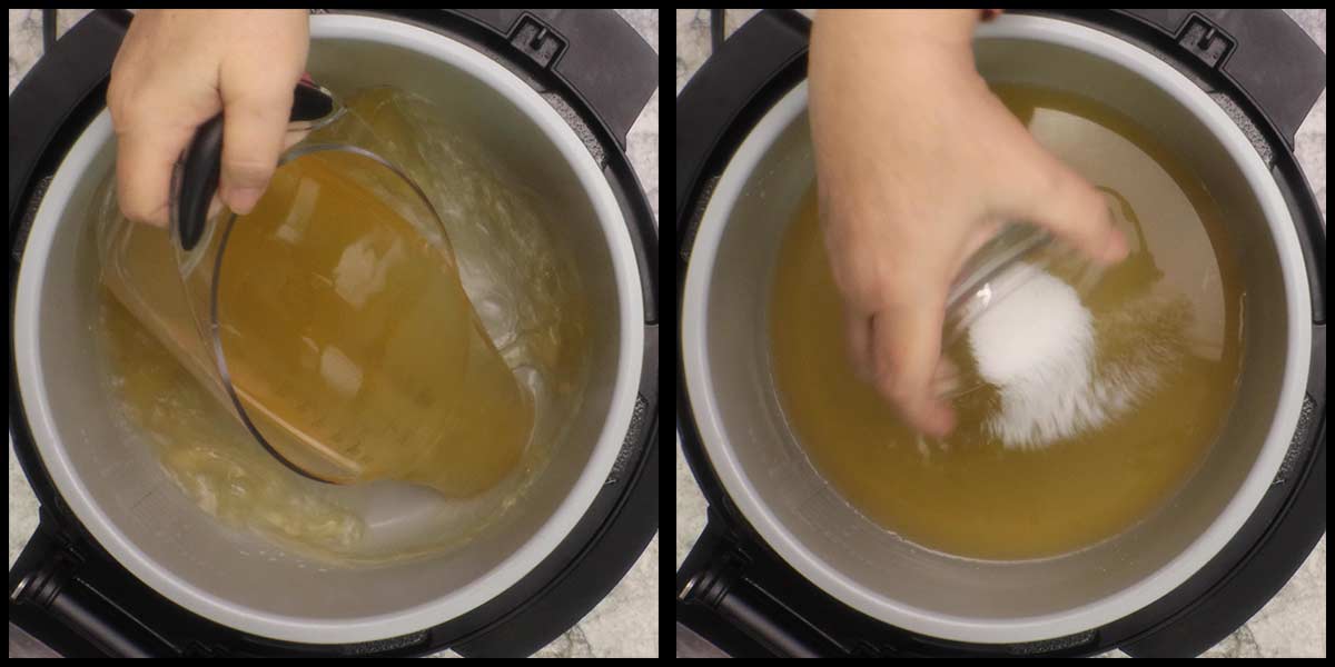Adding chicken broth and salt to inner pot of the Ninja Foodi Pressure Cooker.
