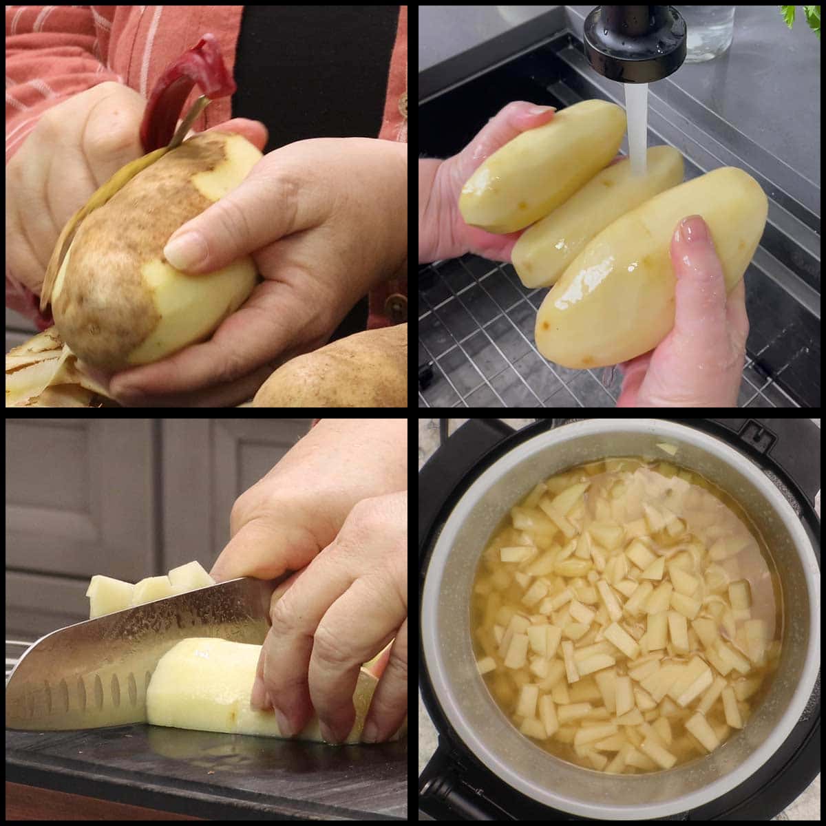 peeling, rinsing, chopping, and adding the potatoes to the chicken broth in the inner pot.