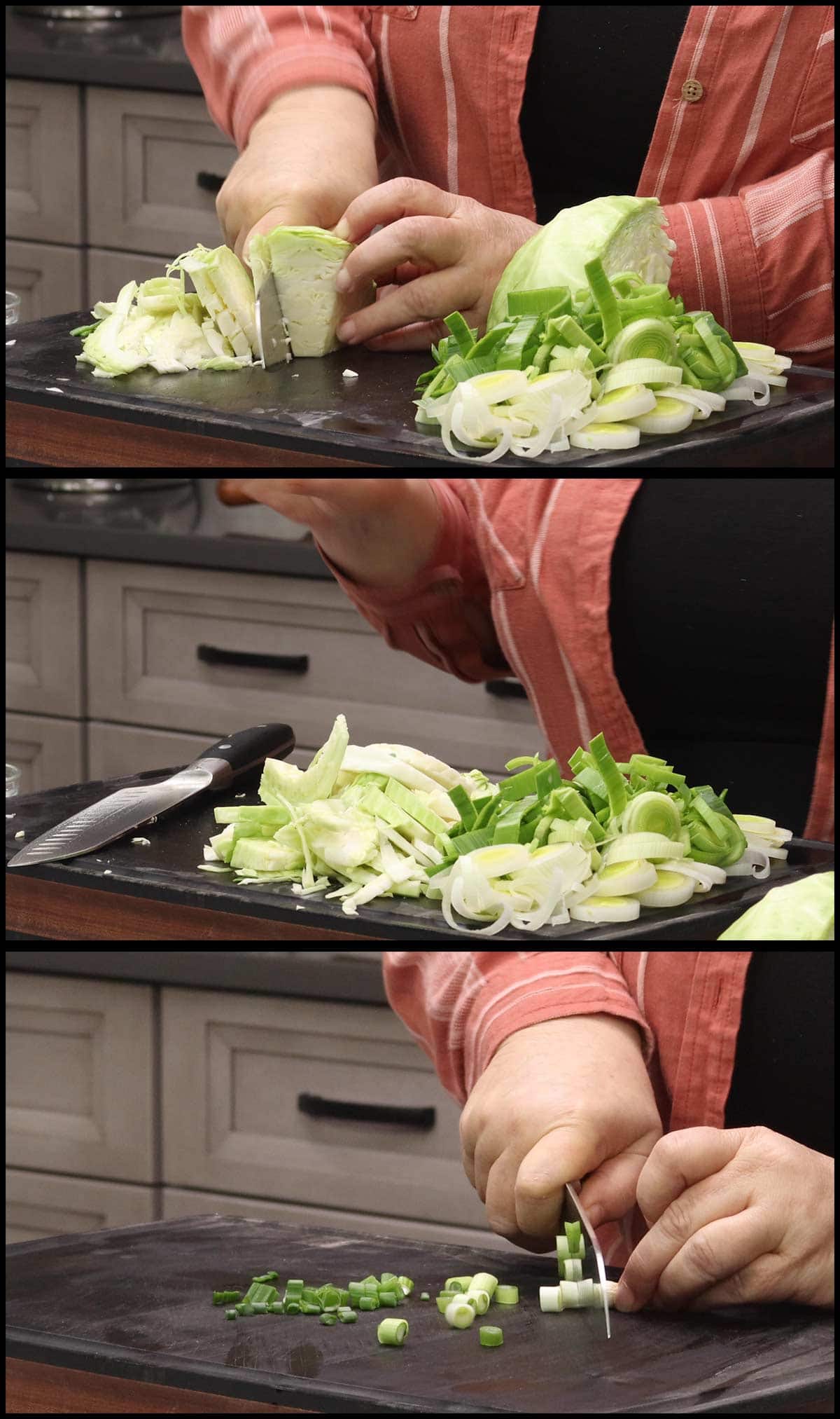 cutting the cabbage for colcannon soup.