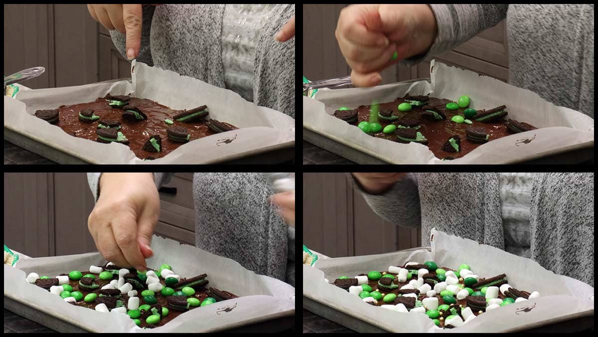 Decorating cracker toffee for St. Patrick's Day