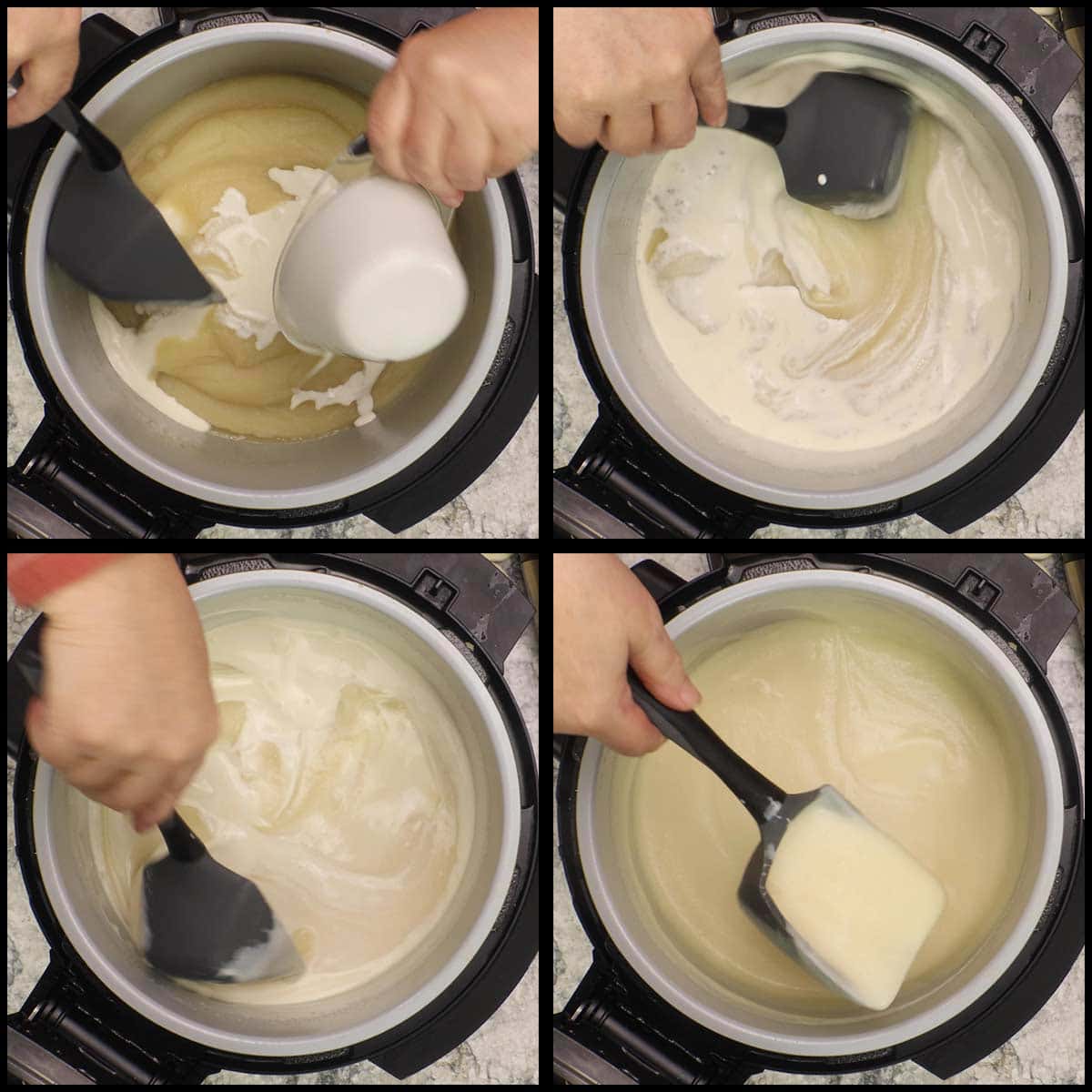 stirring in cream to the potato puree in the inner pot of the Ninja Foodi.