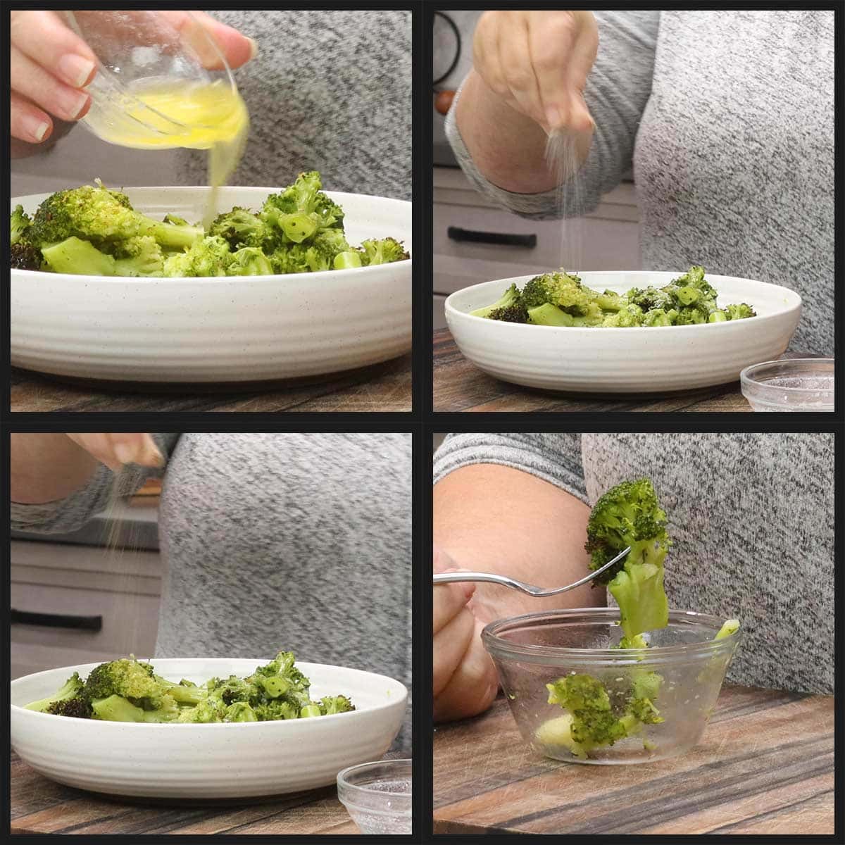 pouring melted butter over broccoli and seasoning it.