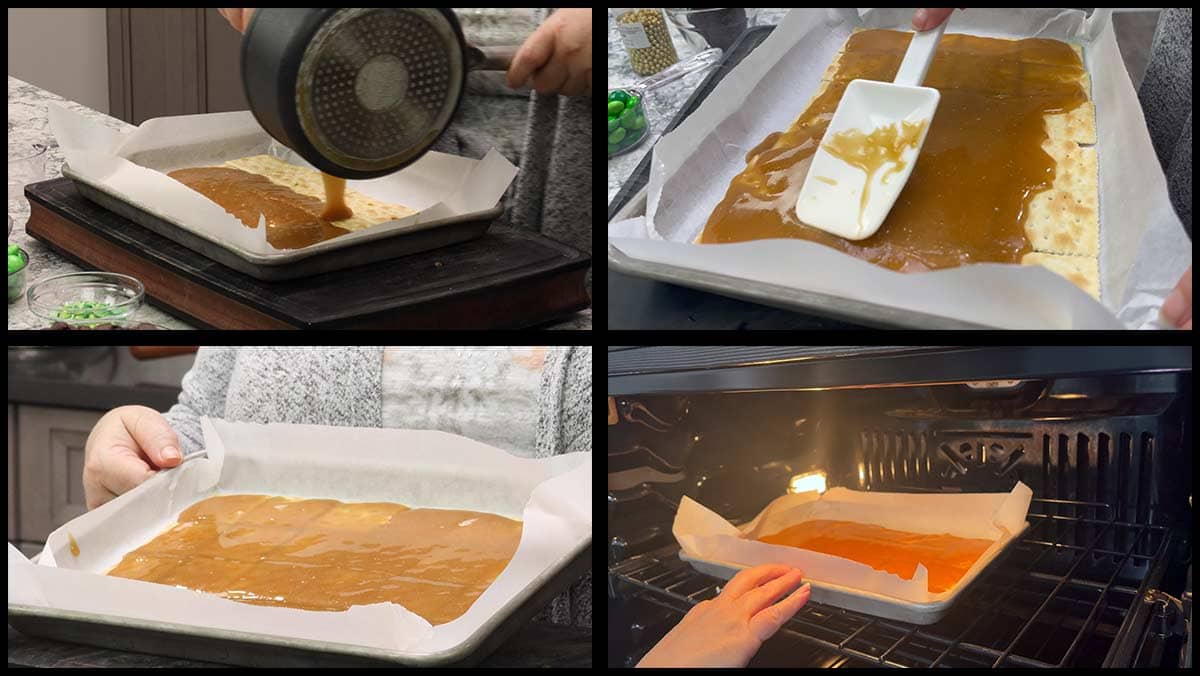 pouring and spreading caramel over crackers for cracker toffee. 