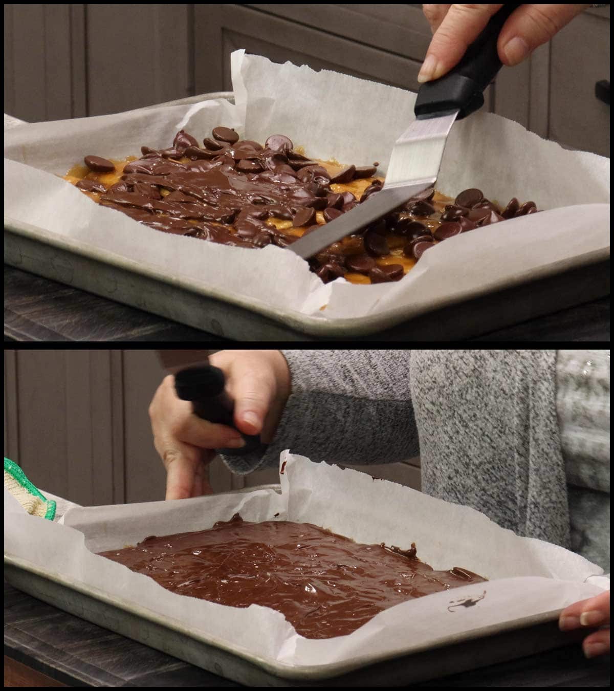 spreading chocolate over top of cracker toffee.