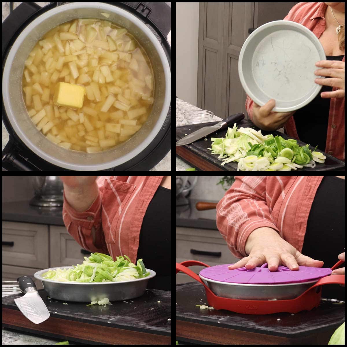 putting the leeks and cabbage in pan to pressure cook above the chopped potatoes.