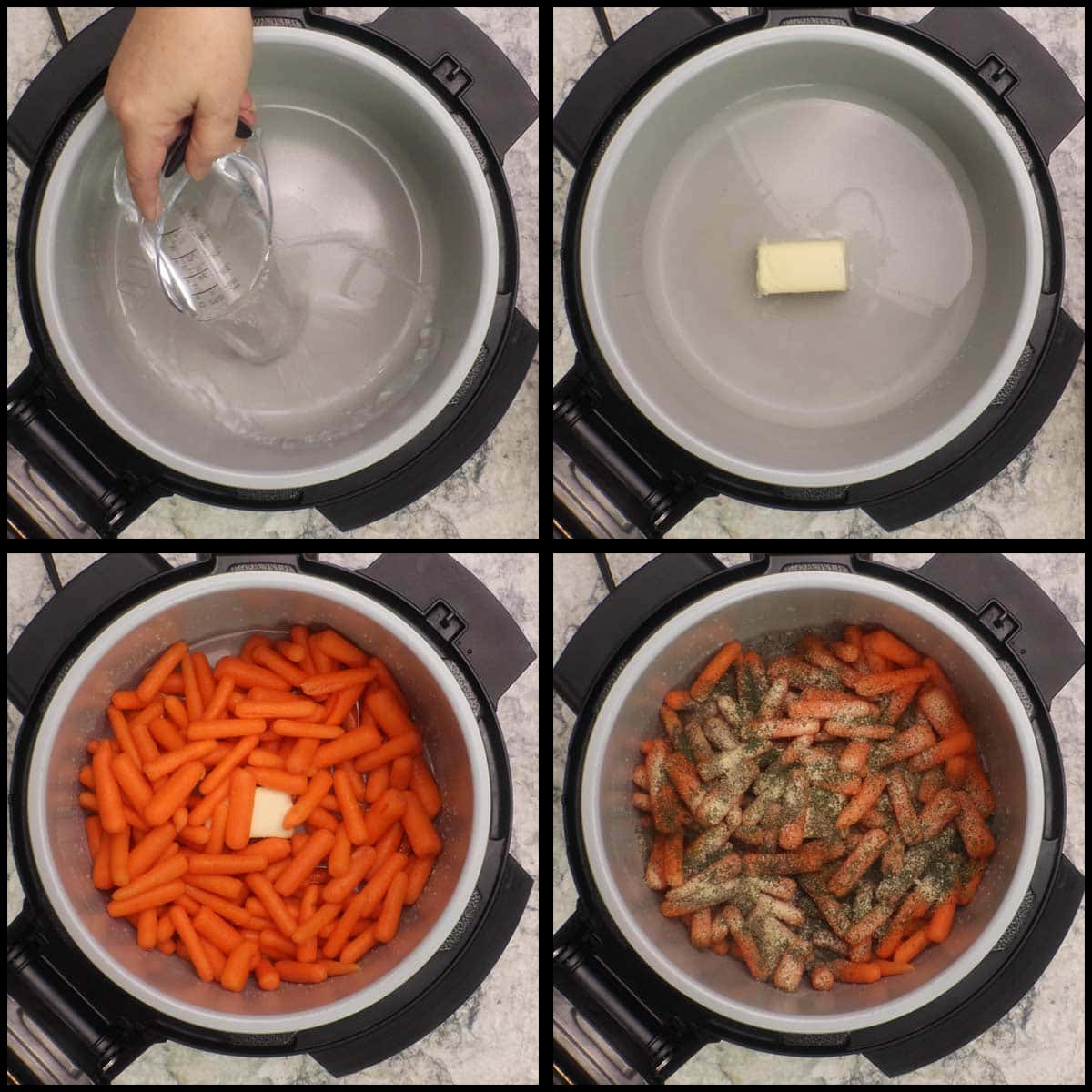 adding ingredients for dill carrots to the pressure cooker.