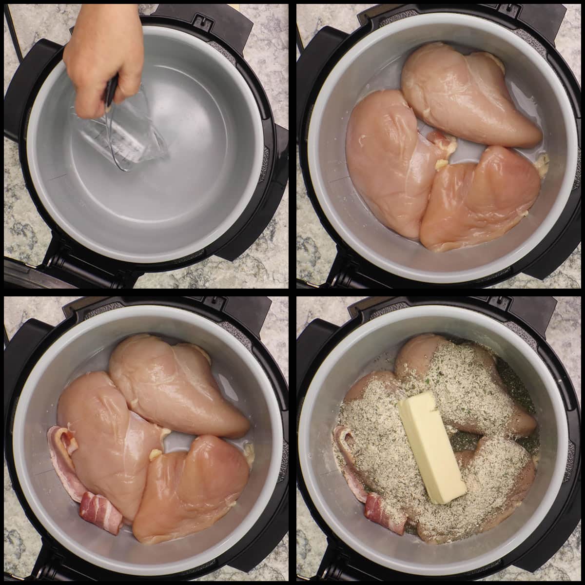 adding water, chicken, raw bacon, seasonings, and butter to the inner pot before pressure cooking.