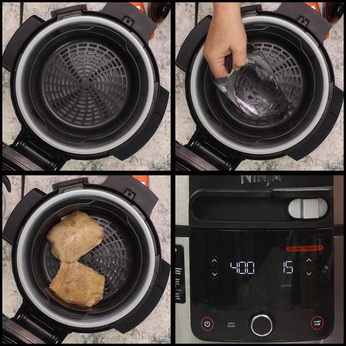 preparing air fryer with water and chicken before air frying.