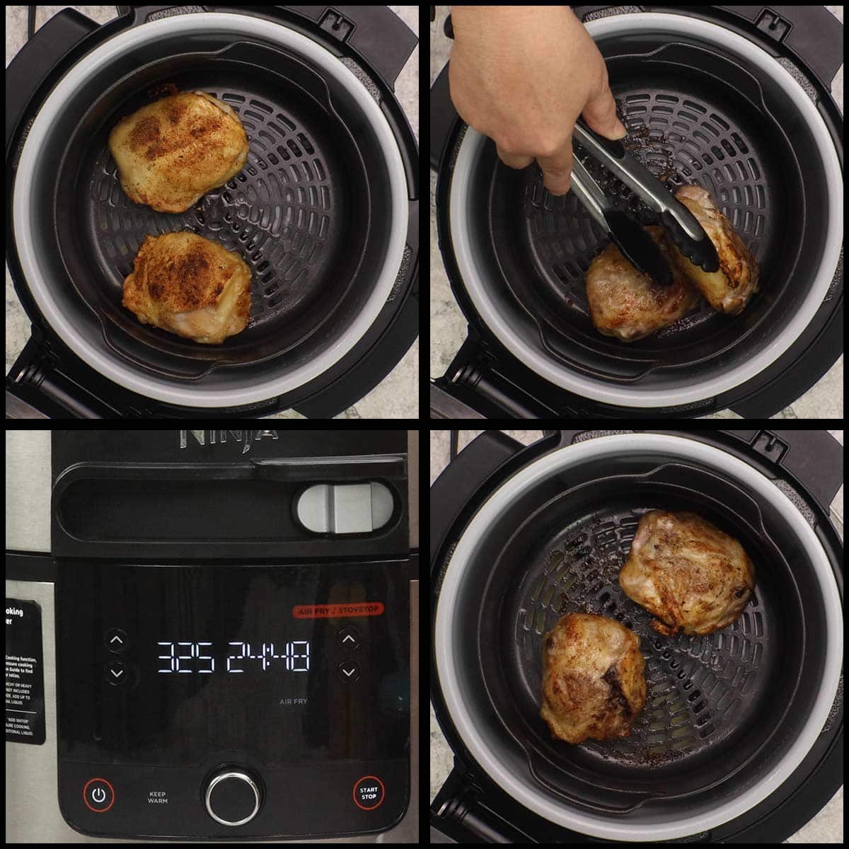 flipping the chicken and lowering the air fryer temperature.