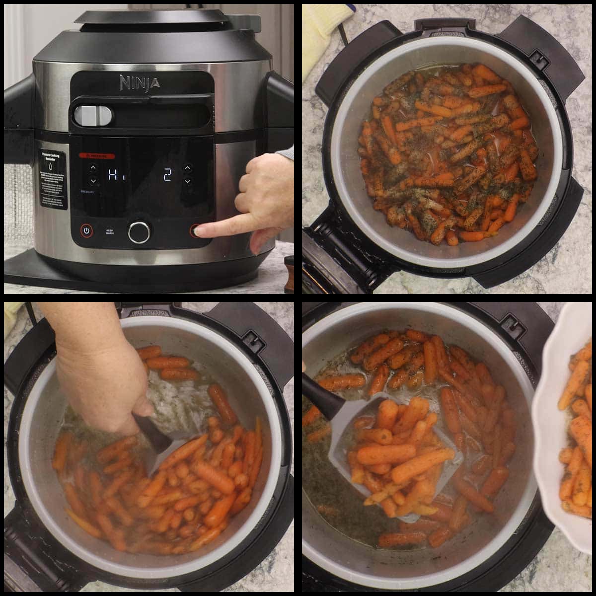 scooping the carrots out of the pressure cooker after cooking.