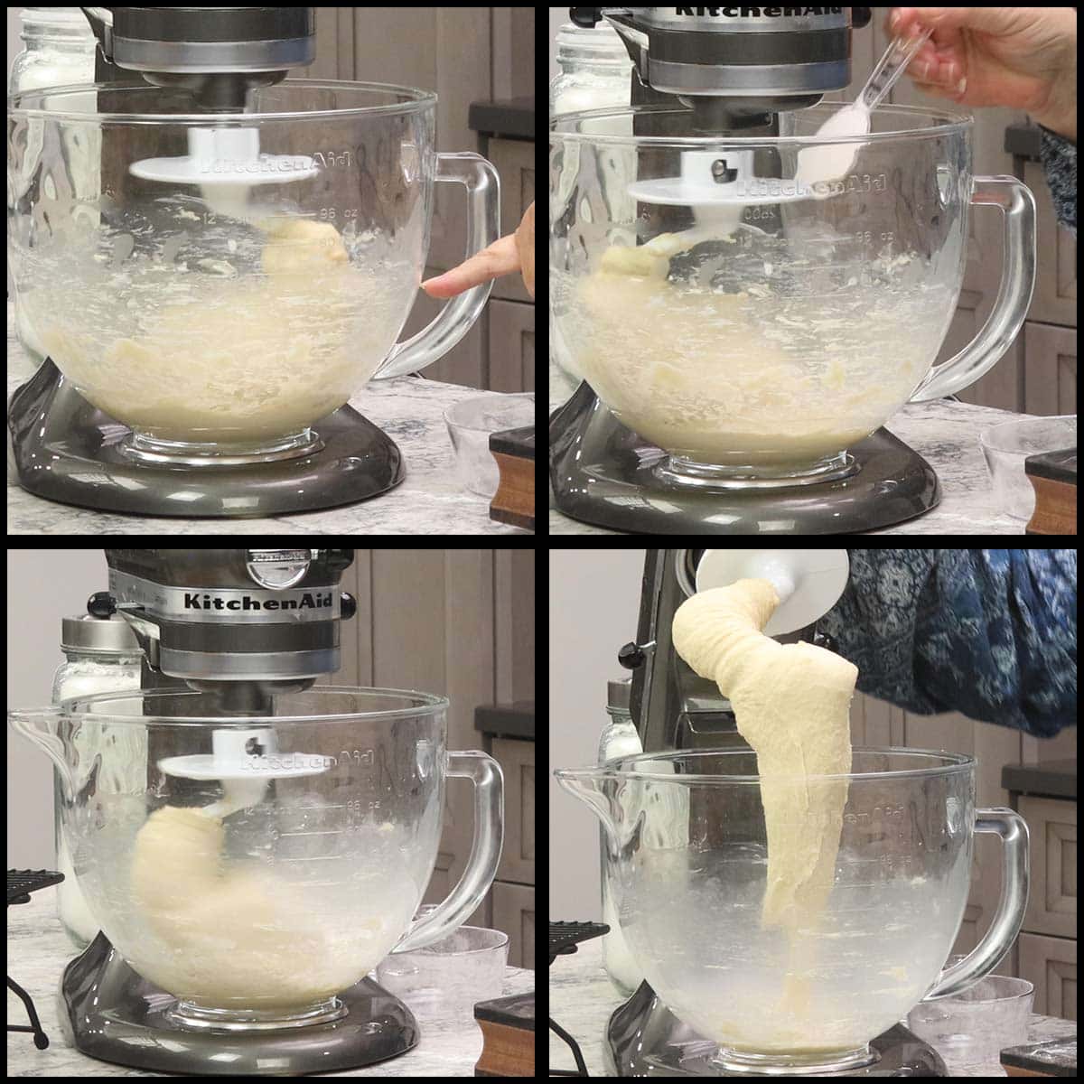 adding a little more flour to the brioche dough.