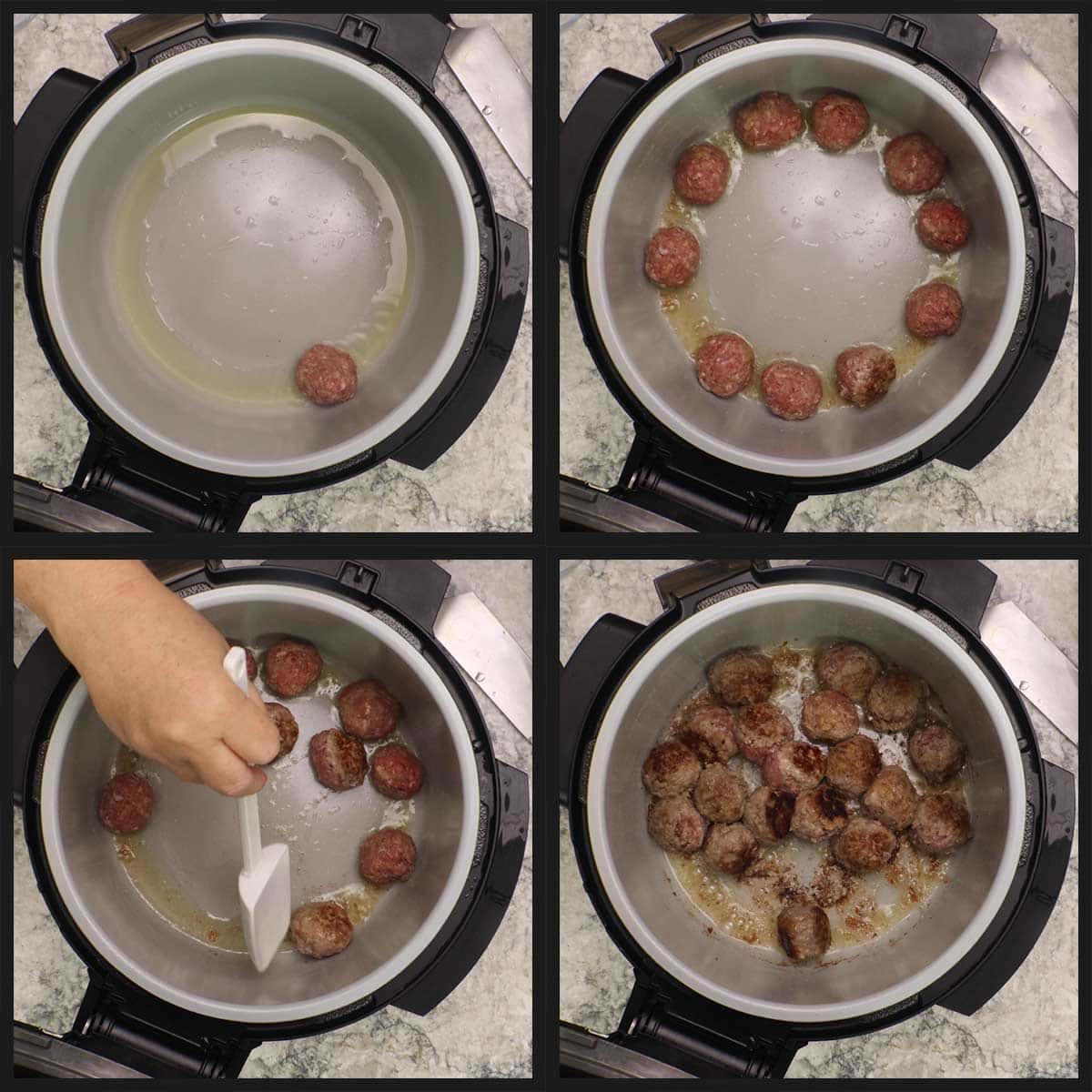 browning meatballs in the inner pot of the Ninja Foodi in oil.