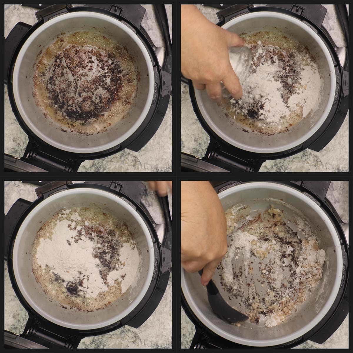 adding flour to the pot to start to make the roux.