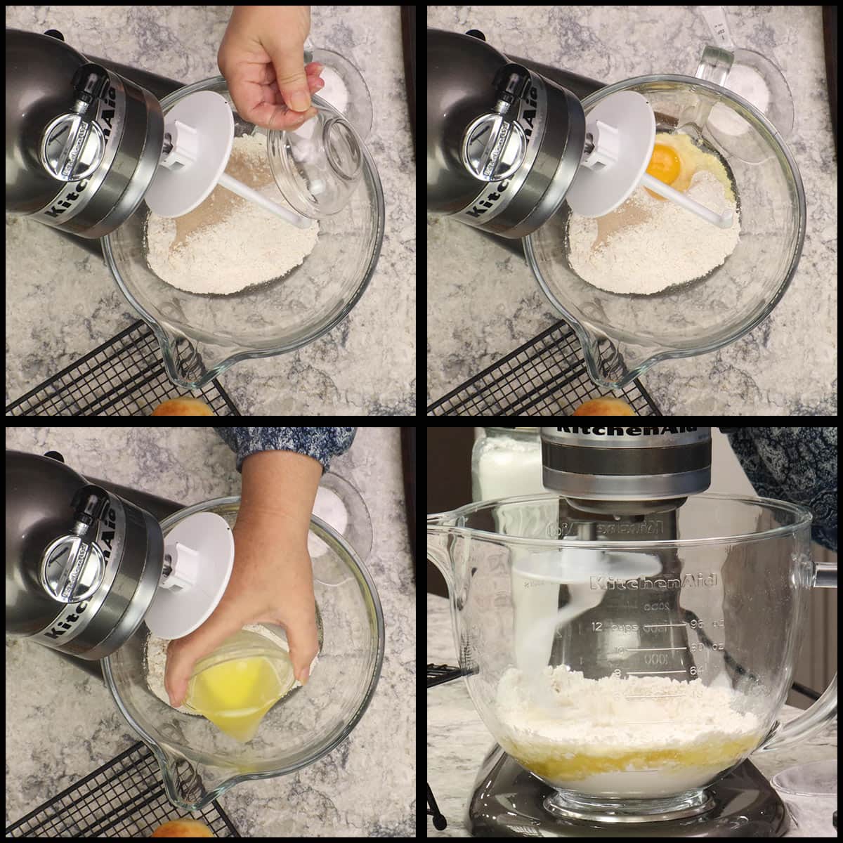Mixing the yeast, flour, butter, salt, and egg in a stand mixer.