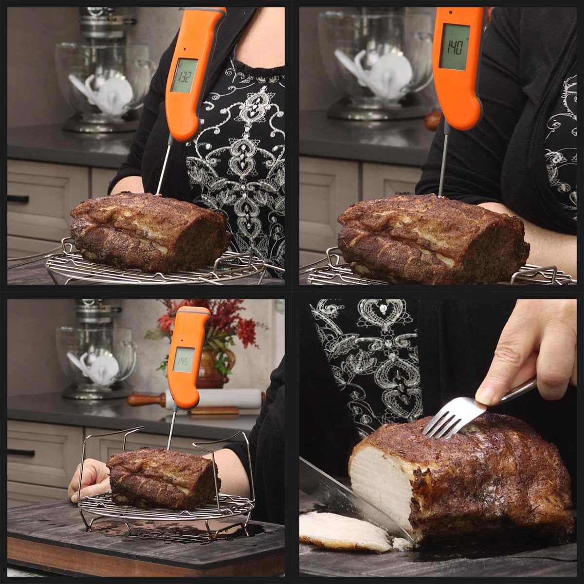 pork resting on cutting board with the thermometer in it.