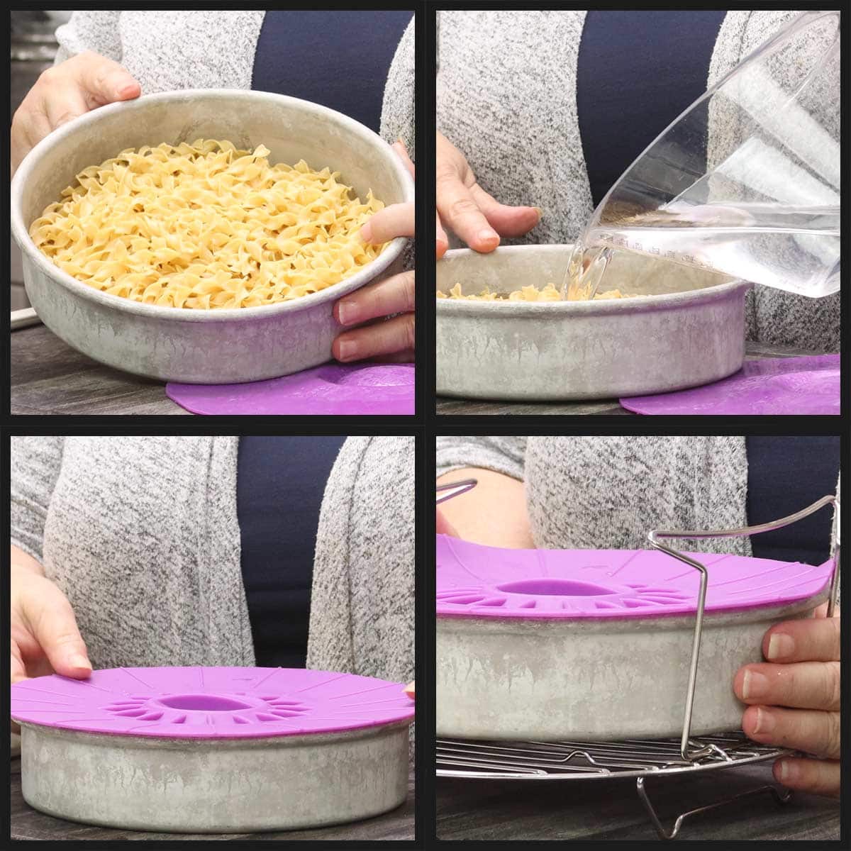 egg noodles in pan with water.