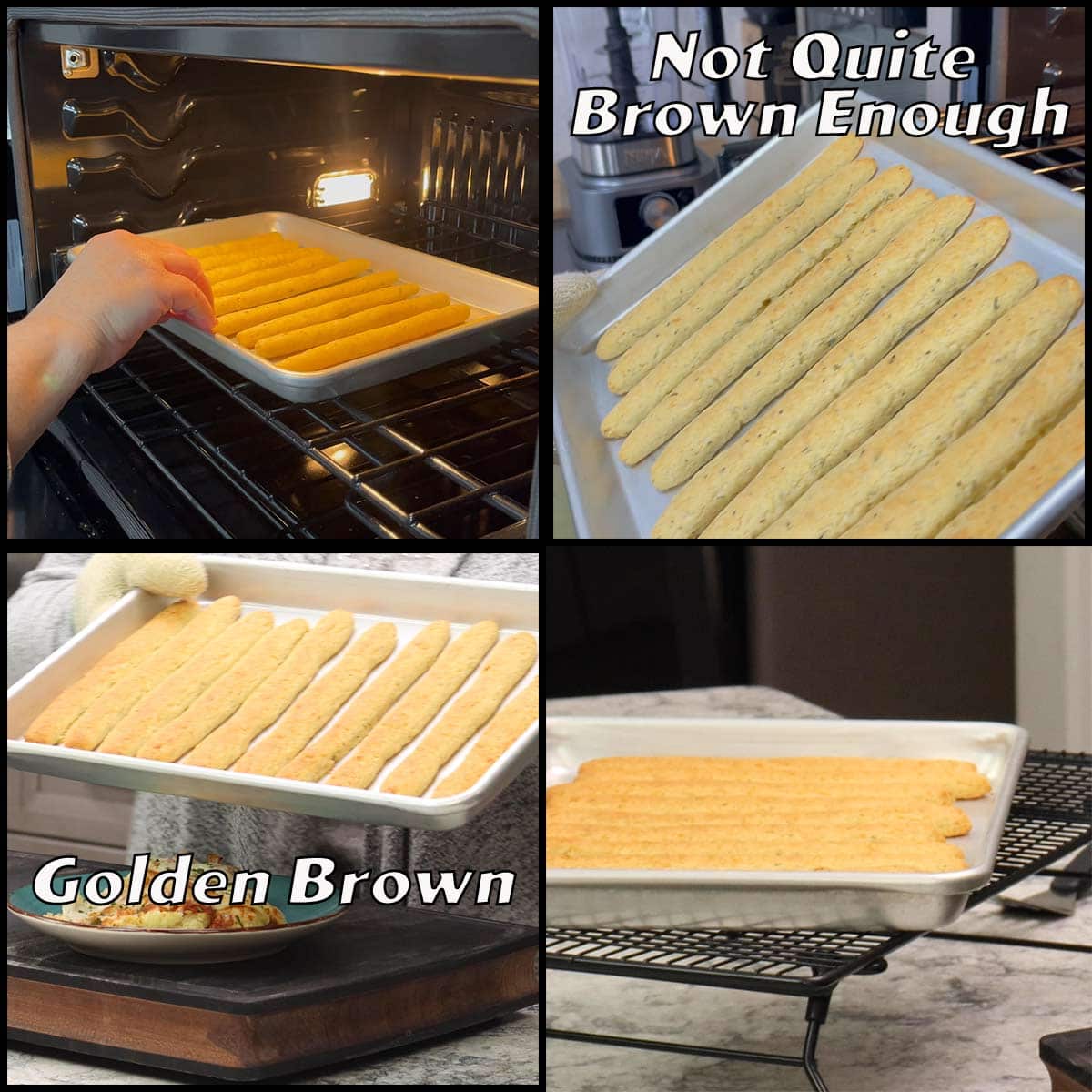 showing the breadsticks too light in color and after baking a few more minutes showing them golden brown.