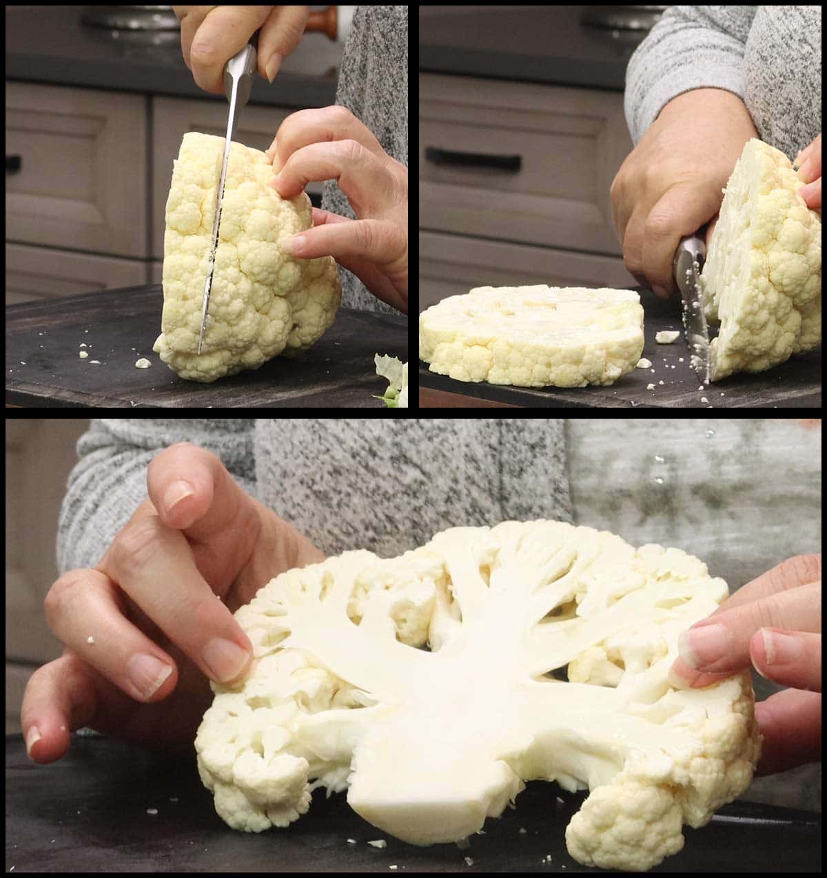 cutting the cauliflower into 1" planks for cauliflower parmesan. 
