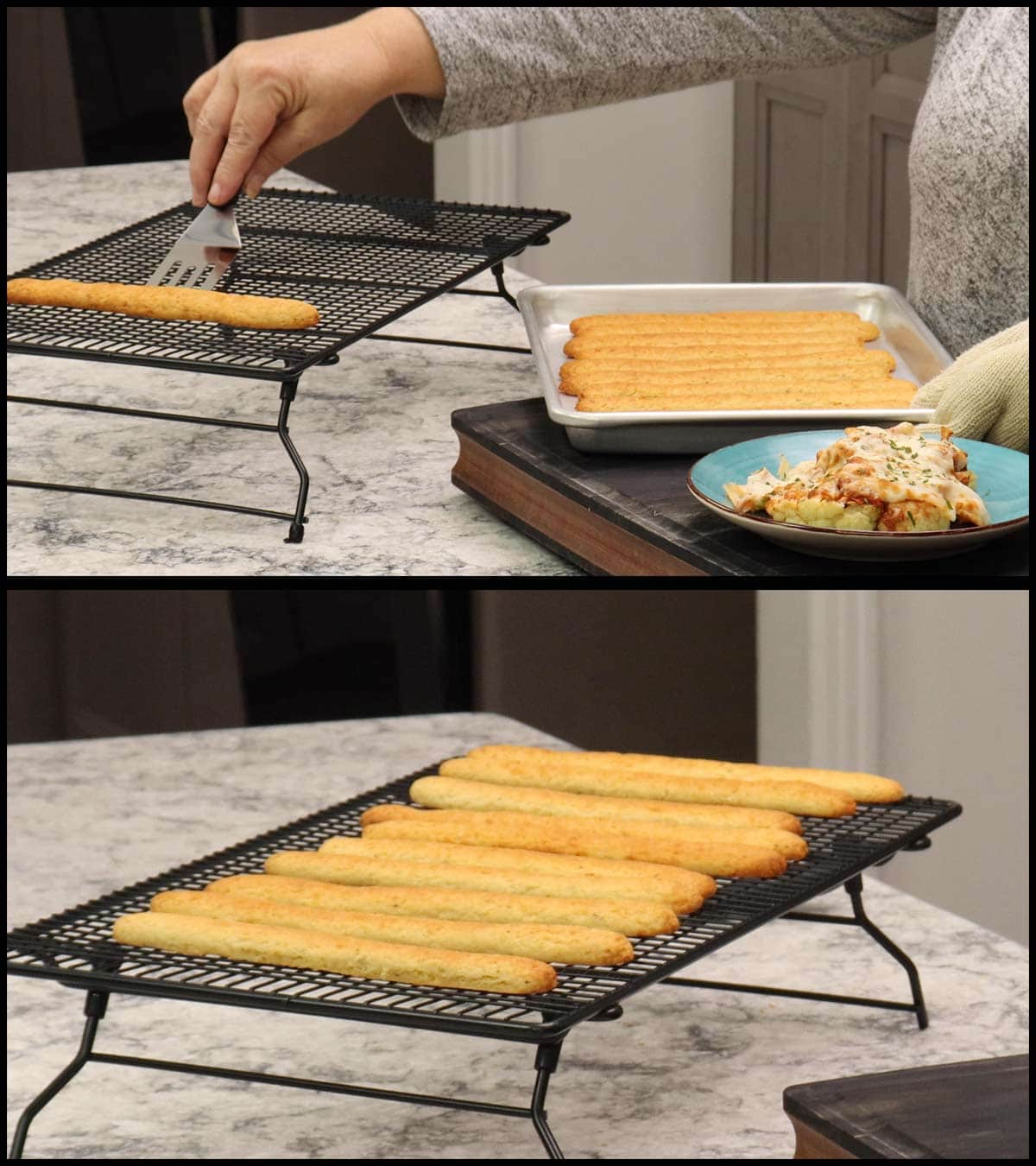 carefully lifting the breadsticks off of the baking pan onto the cooling rack.