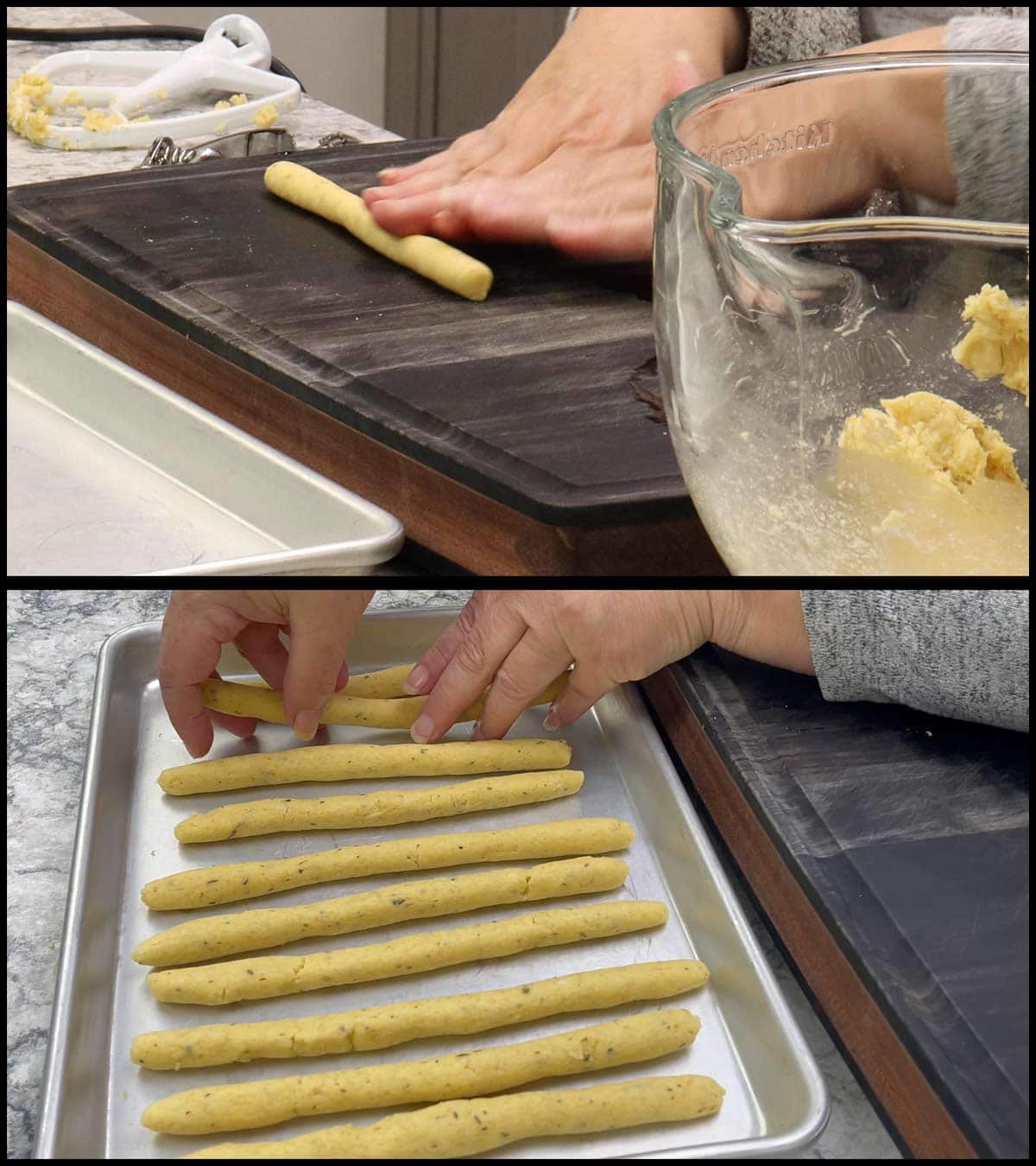 rolling the dough into breadsticks and putting them on a baking tray.