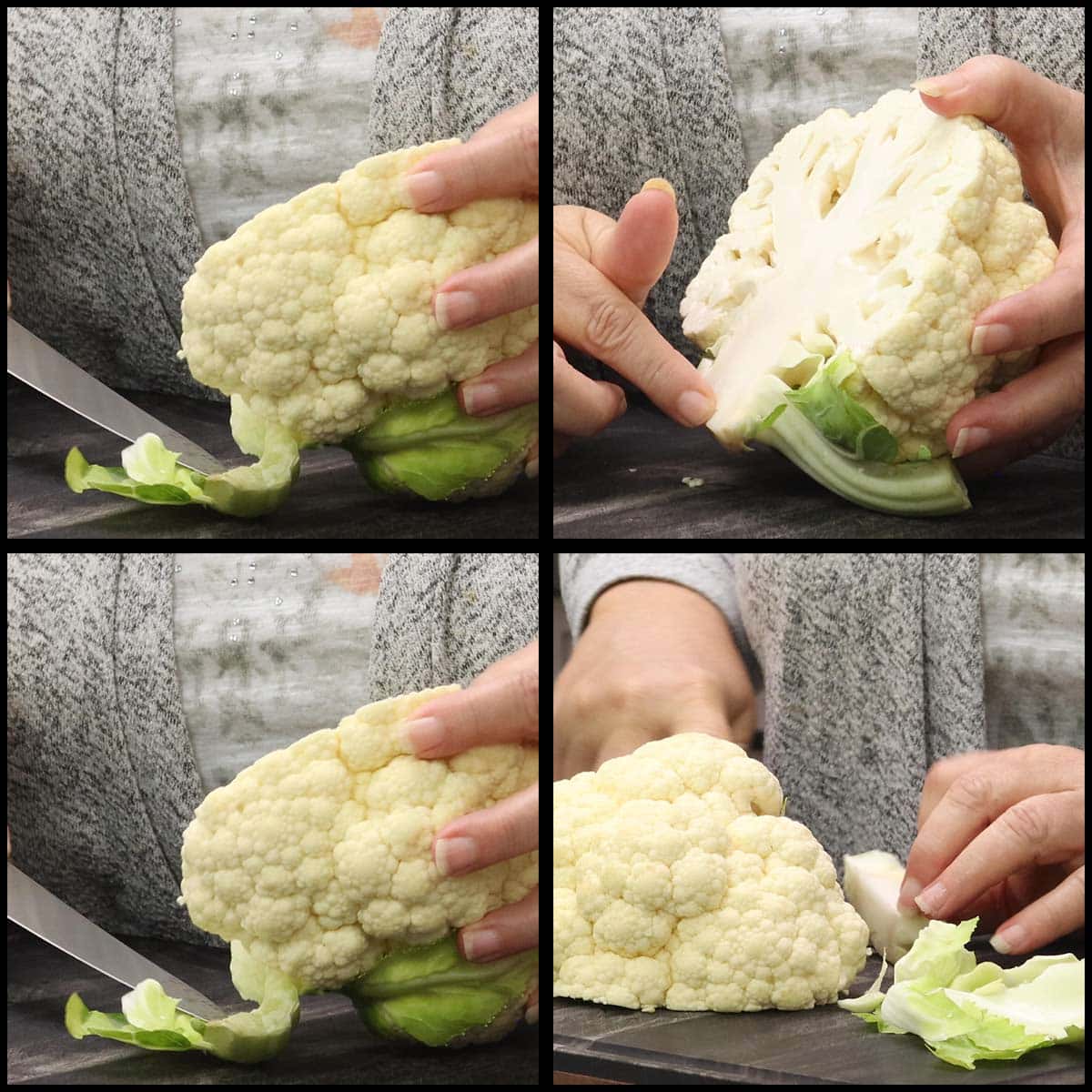 trimming cauliflower to cut into steaks.
