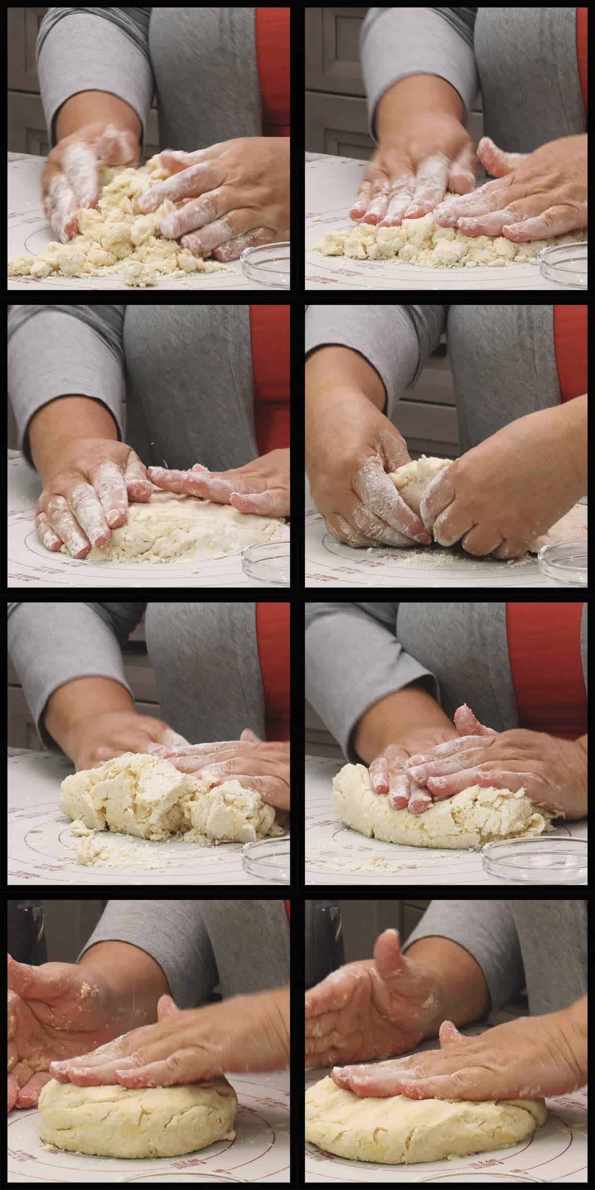 Forming the loose dough into a thick disc before rolling. 
