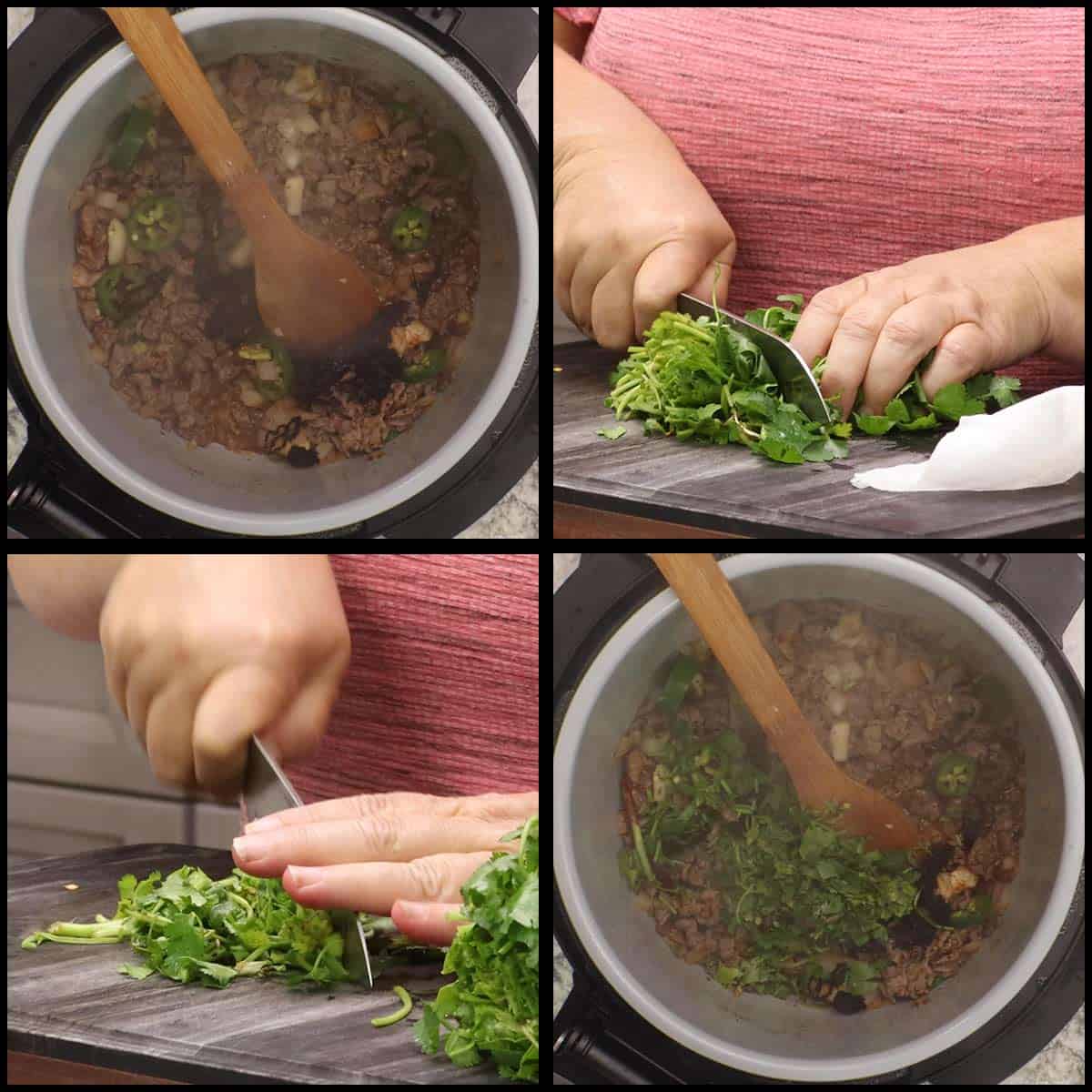 adding ancho pepper and cilantro stems to inner pot before pressure cooking.