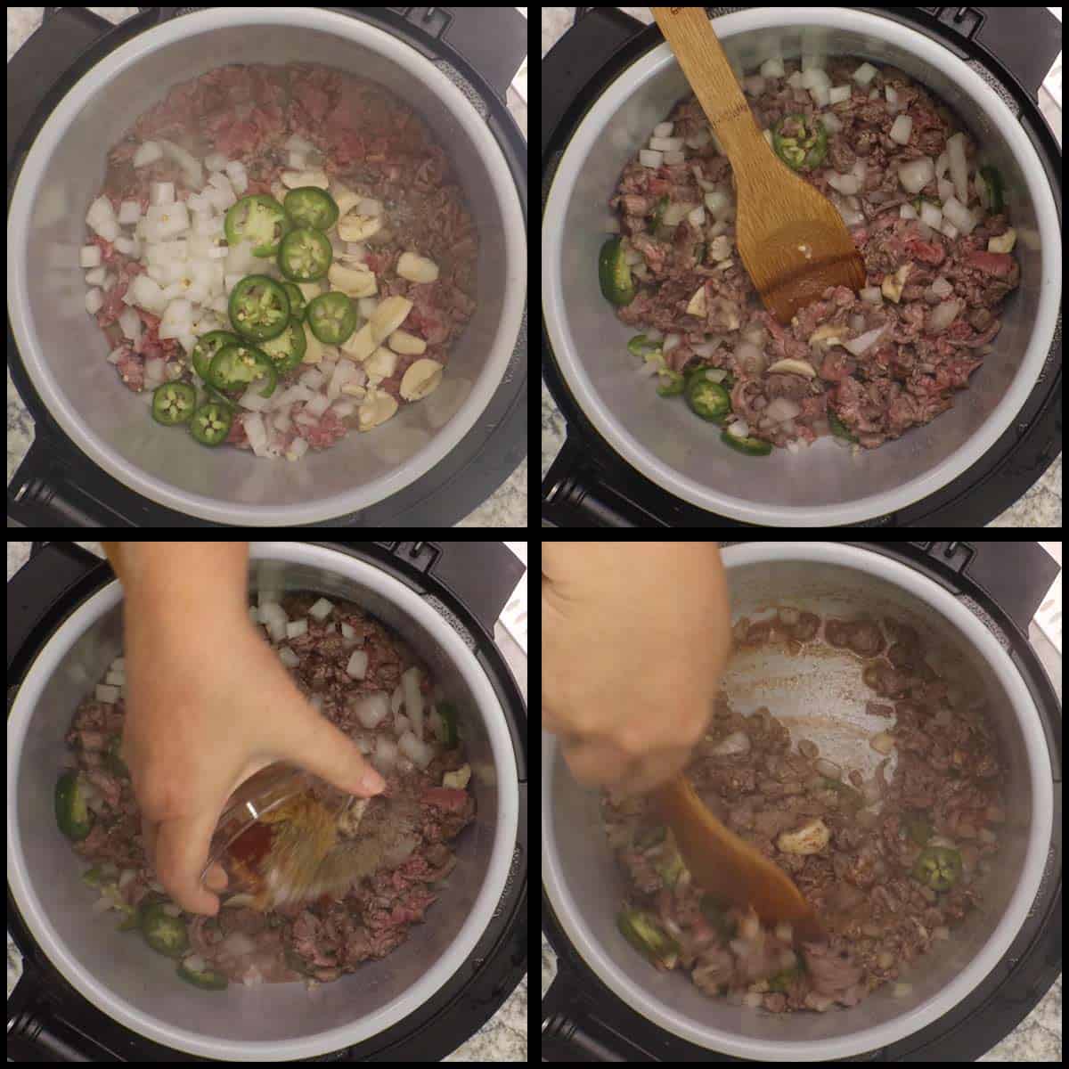 adding spices to carne picada taco meat before pressure cooking. 