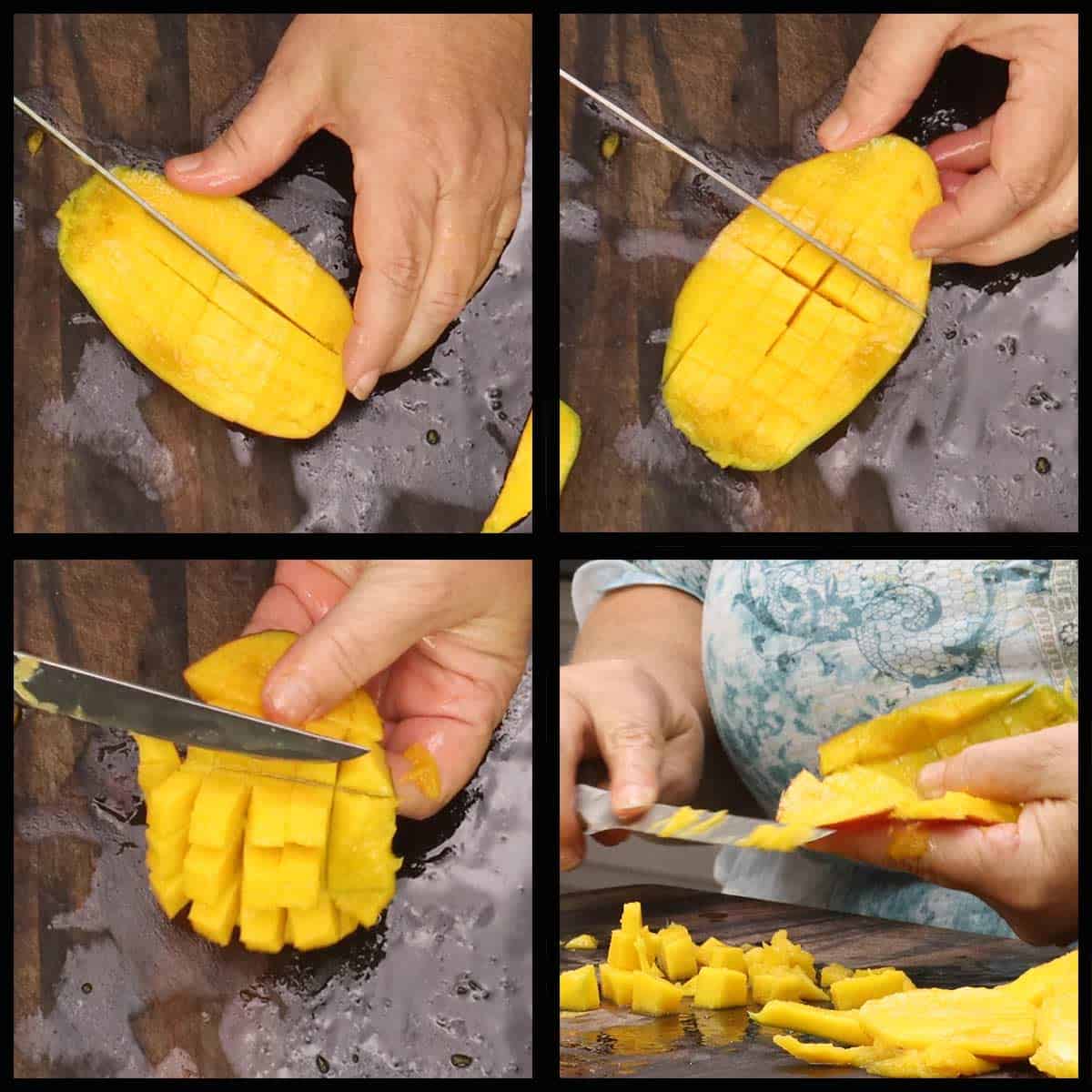 making grid pattern in mango flesh and removing the dices.