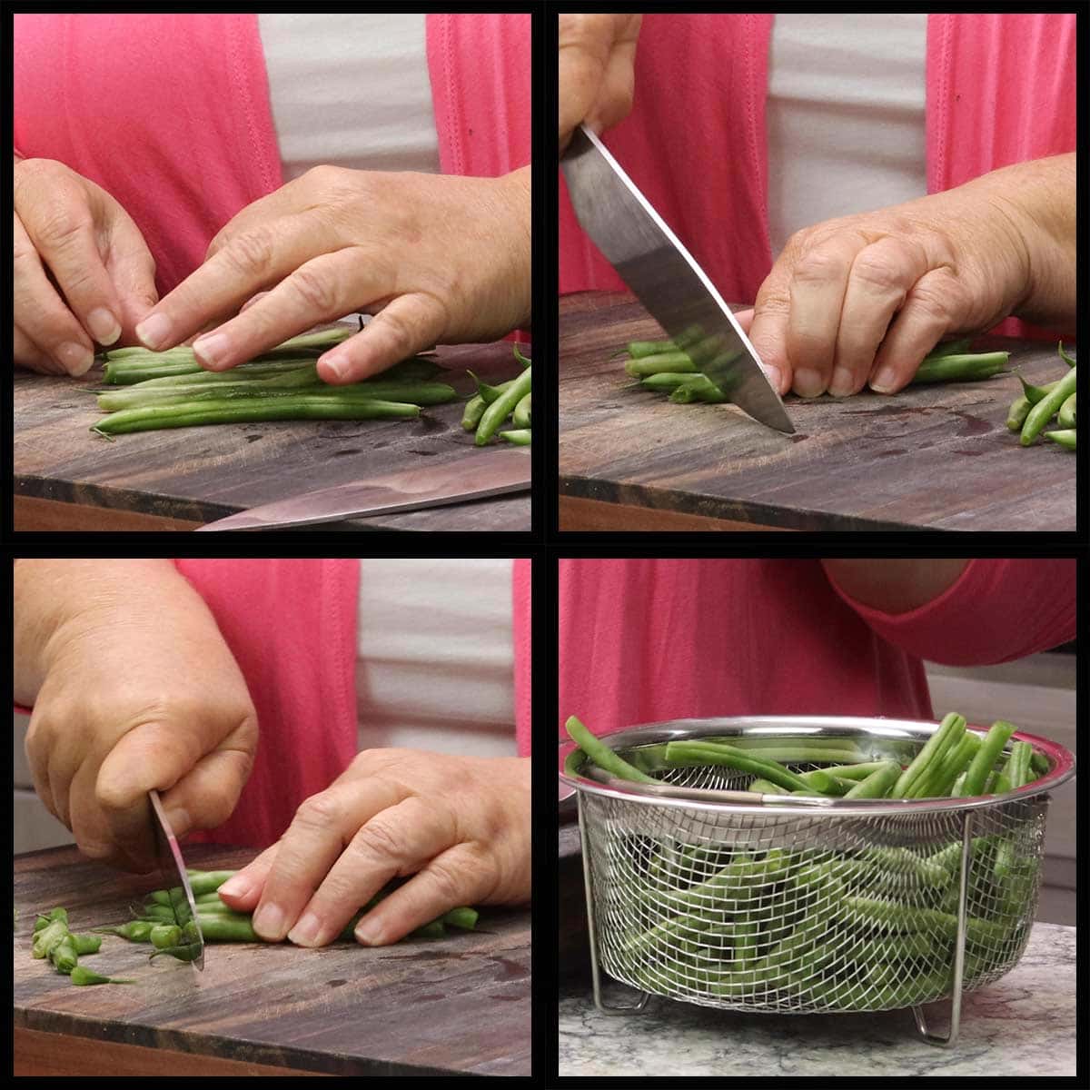 cutting the ends off of fresh string beans.