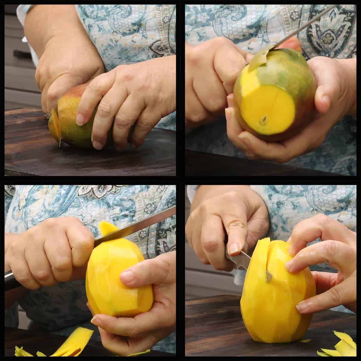 Peeling the mango.