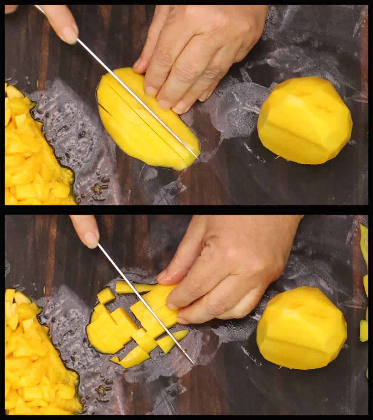 dicing cut mango slices. 
