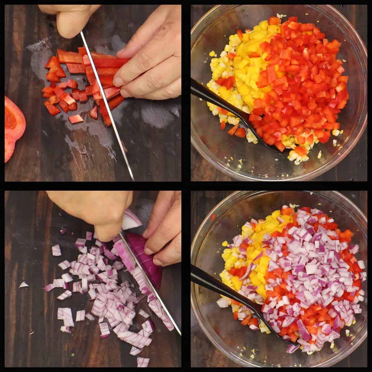 dicing red pepper and red onion to add to salsa bowl. 