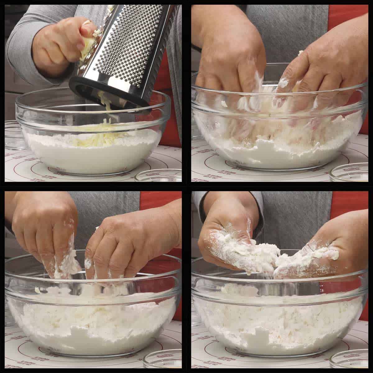 grating the butter into the flour mixture and mixing with hands.
