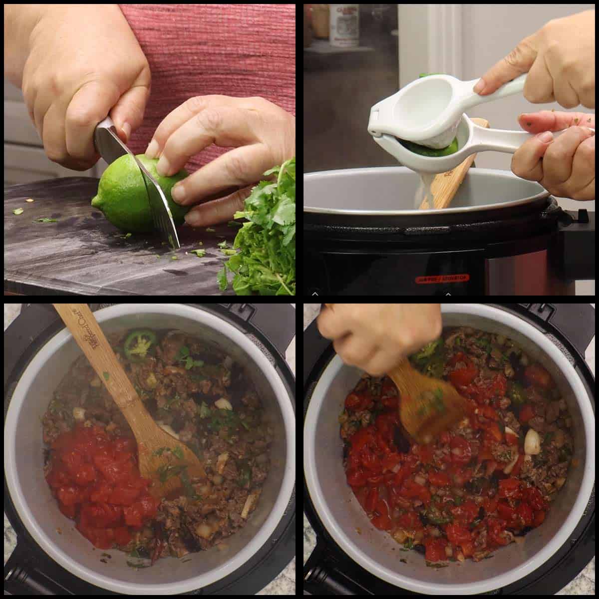 juicing lime and adding canned tomatoes before pressure cooking the carne picada.