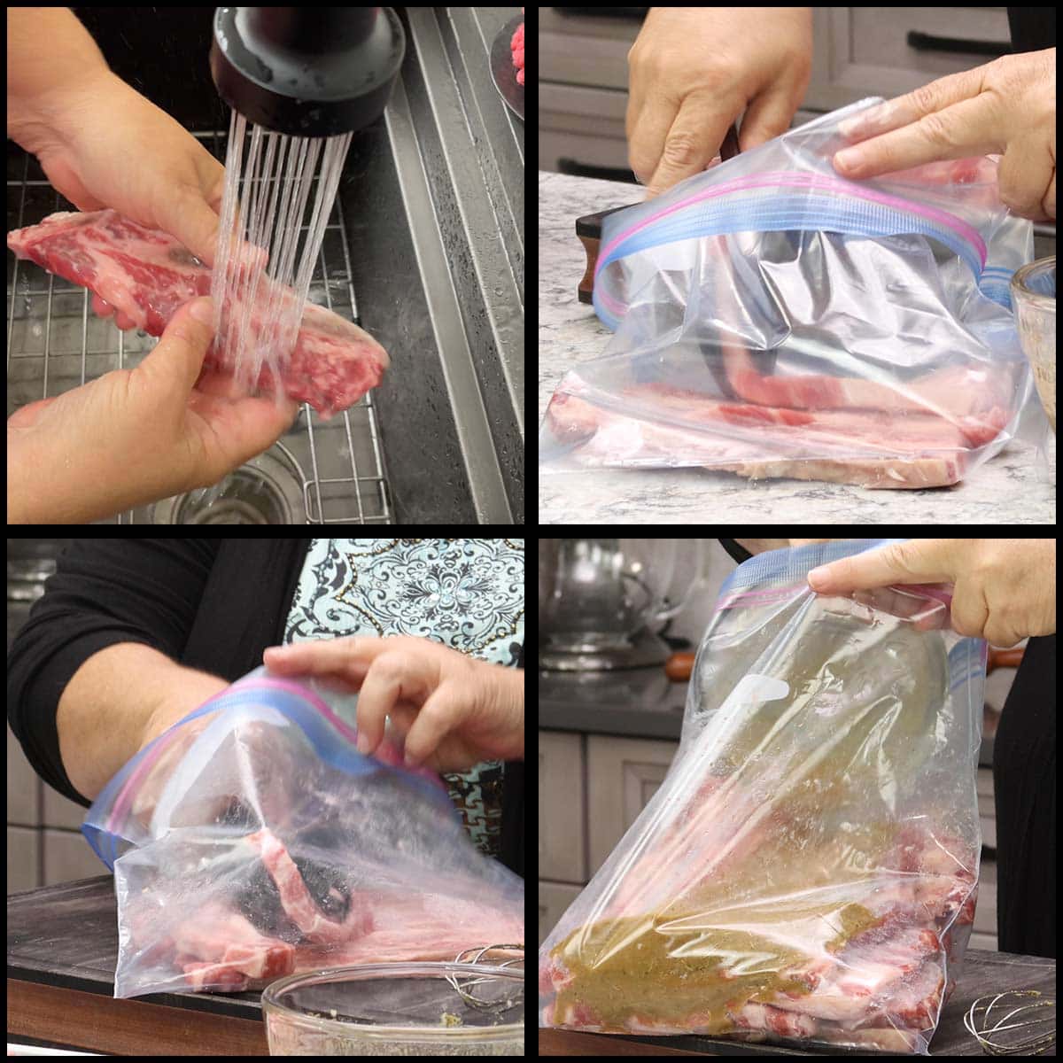 washing the ribs under water and stacking them in the bag then pouring the marinade in the bag. 