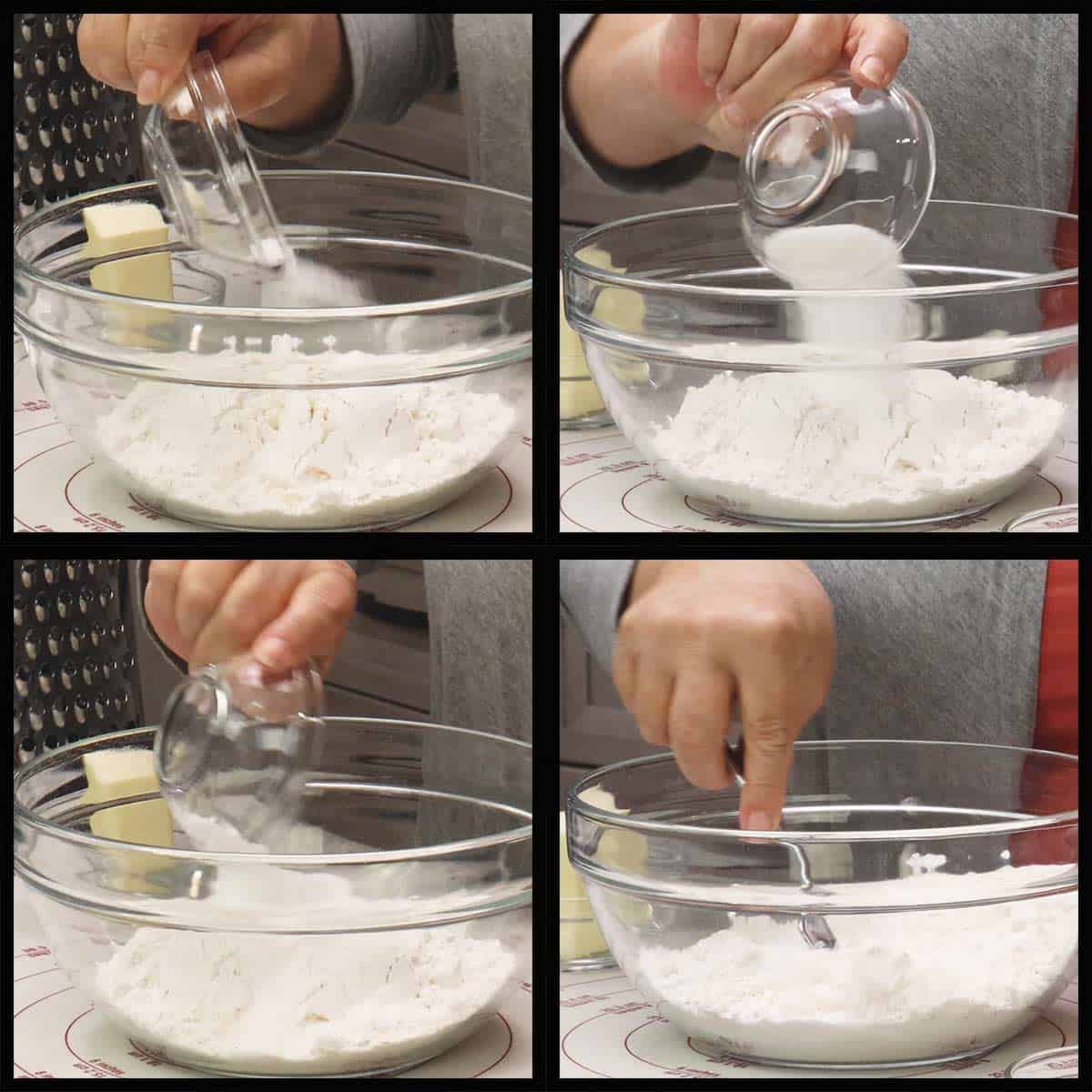 Mixing dry ingredients in bowl for scone dough.