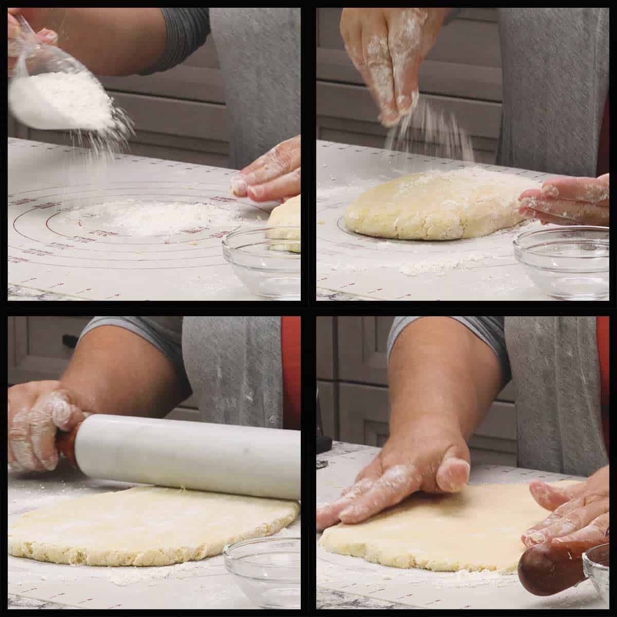 rolling out the dough into ½" rectangle.