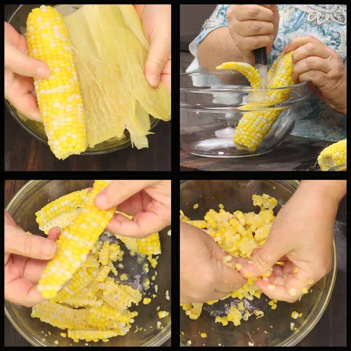 cutting the corn off the kernels for salsa.