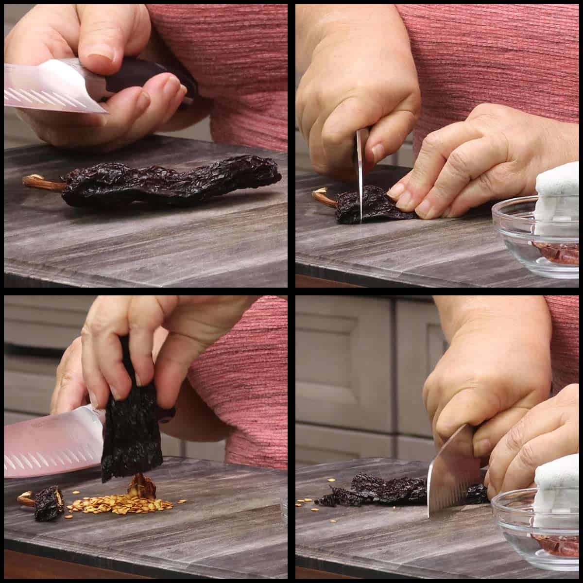 Slicing the dried ancho pepper. 