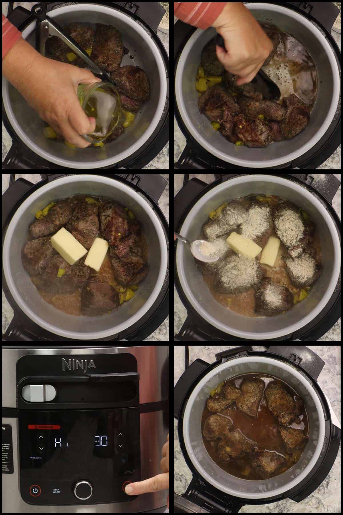 deglazing and pressure cooking Mississippi pot roast in the NInja Foodi.