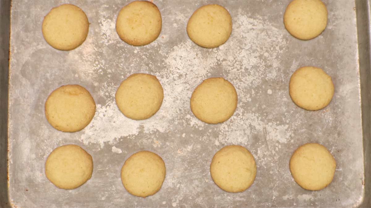 Lemon cookies out of oven cooling on sheet tray.