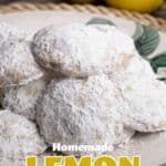 Lemon Cooler Cookies on a plate with Lemons in the background.