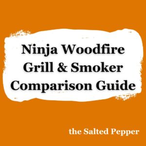 Orange background with white pillowy shape behind black test that says Ninja Woodfire Grill & Smoker Comparison Guide.