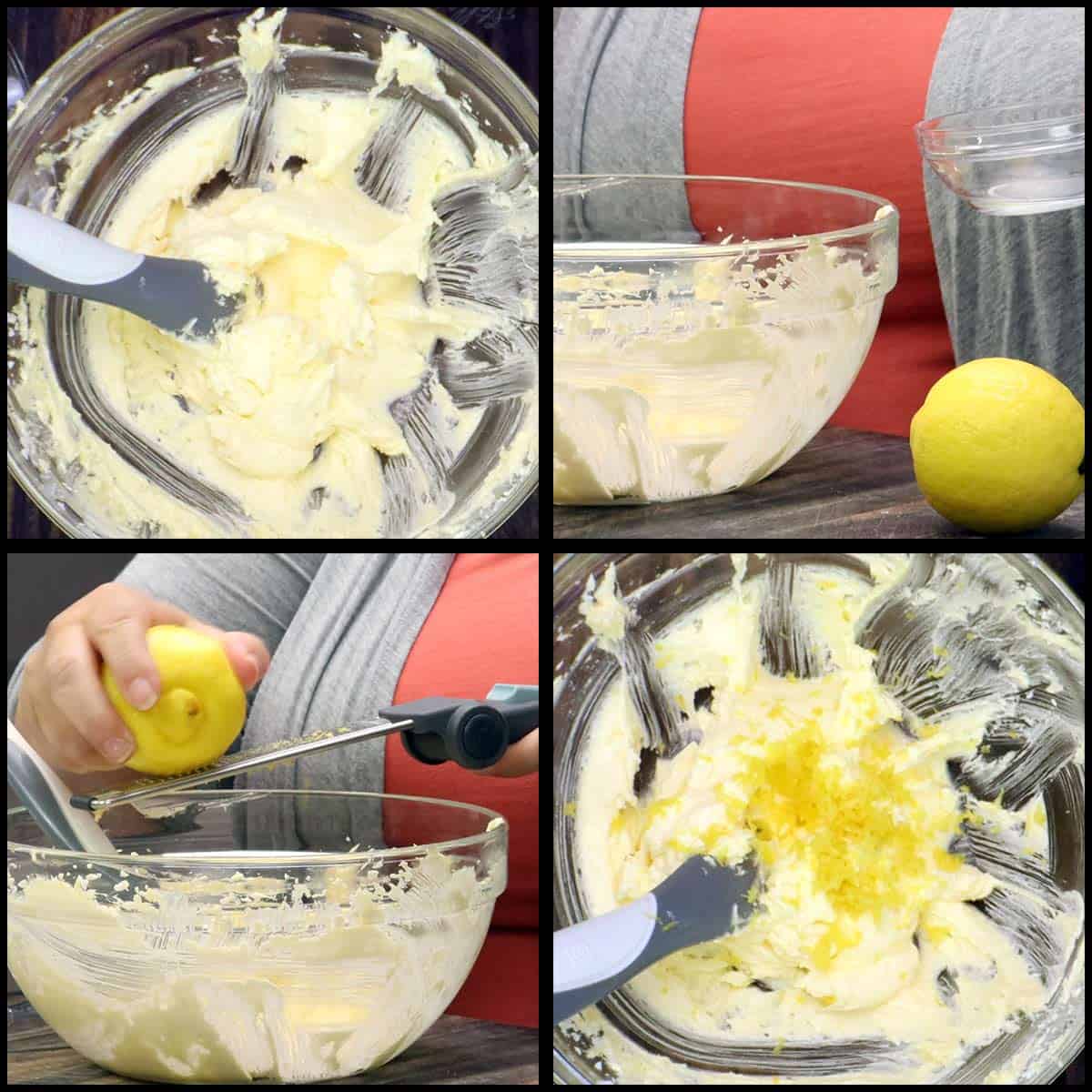 adding extract and zesting lemon over the bowl of butter mixture.