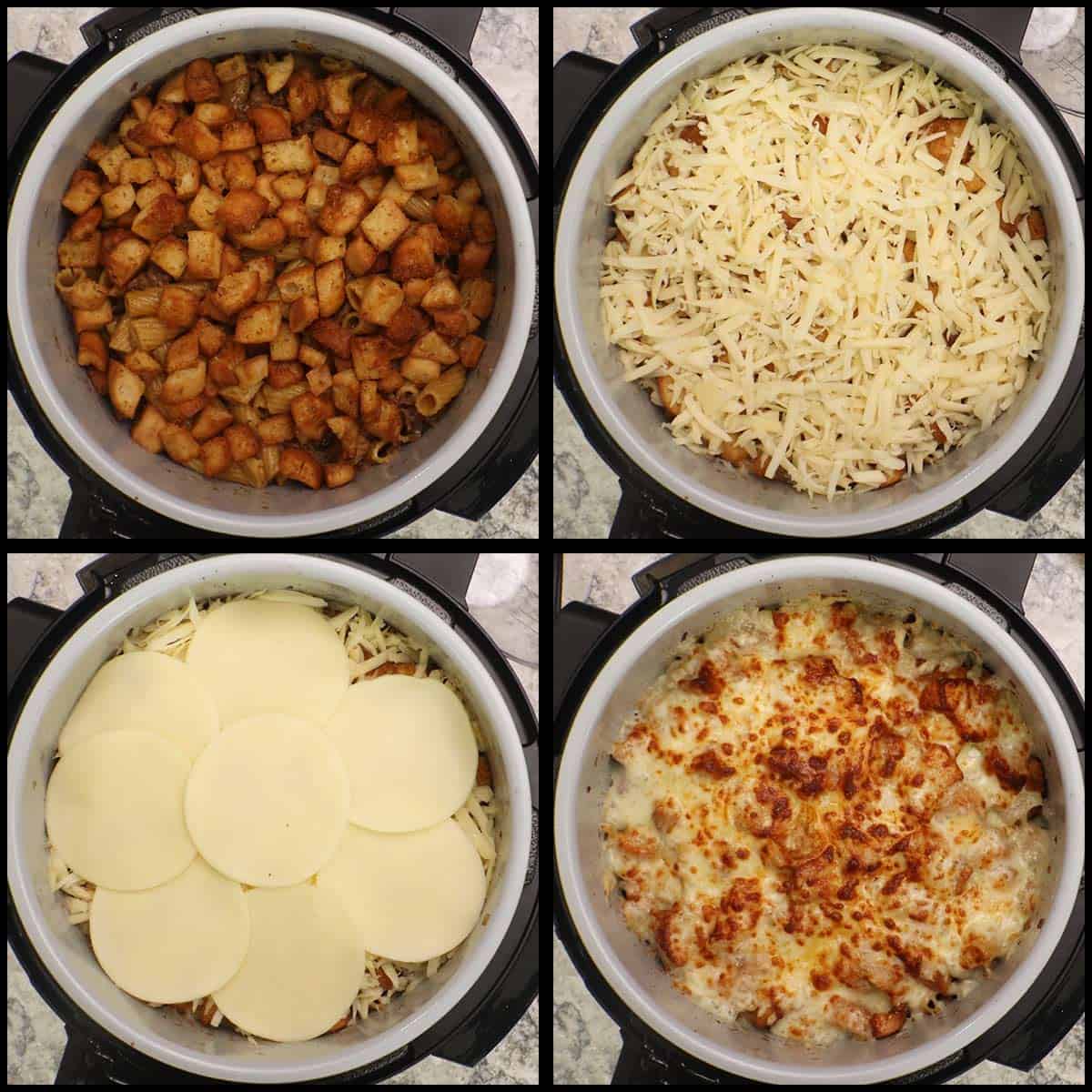 adding the croutons and cheese to the top of the french onion pasta.