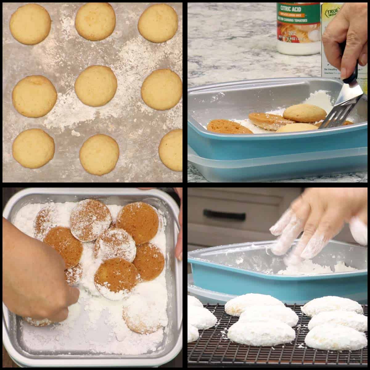 coating the lemon cooler cookies with the powdered sugar mixture.